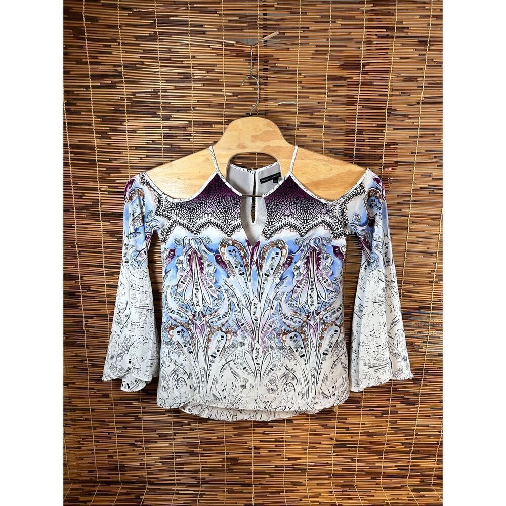 White House Black Market Size 6 Cold Shoulder Long Sleeve Blouse Purple Blue
